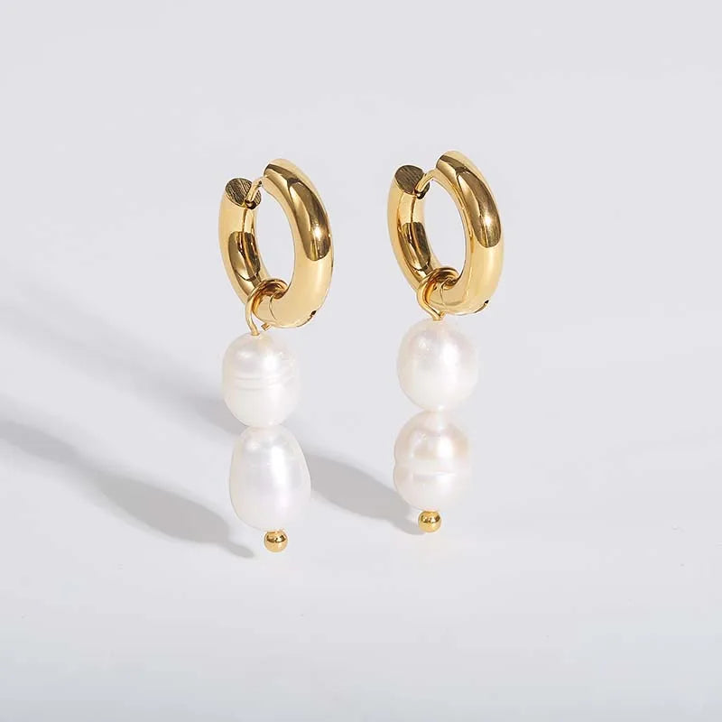 Fenny 18K Gold Plated Waterproof Elegant Statement Fashion Natural Fresh Water Pearl Stainless Steel Hoop Earring for Women MegaBDM