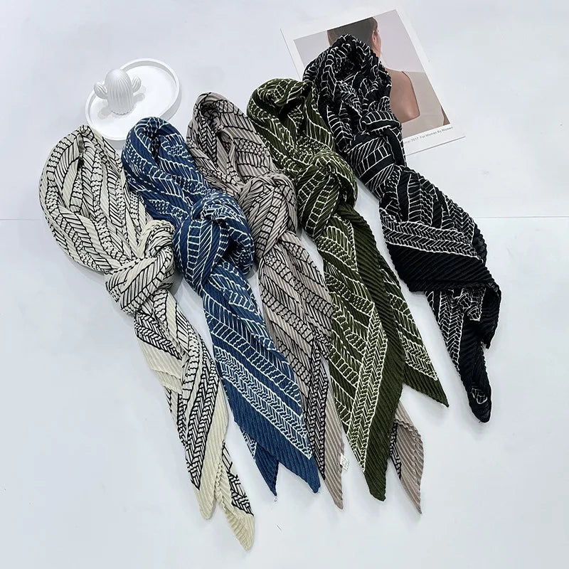 New Fashionable Muslim Women's Headscarf Navy Blue Striped Printed Shawl Pleated Polyester square Scarf Headscarf