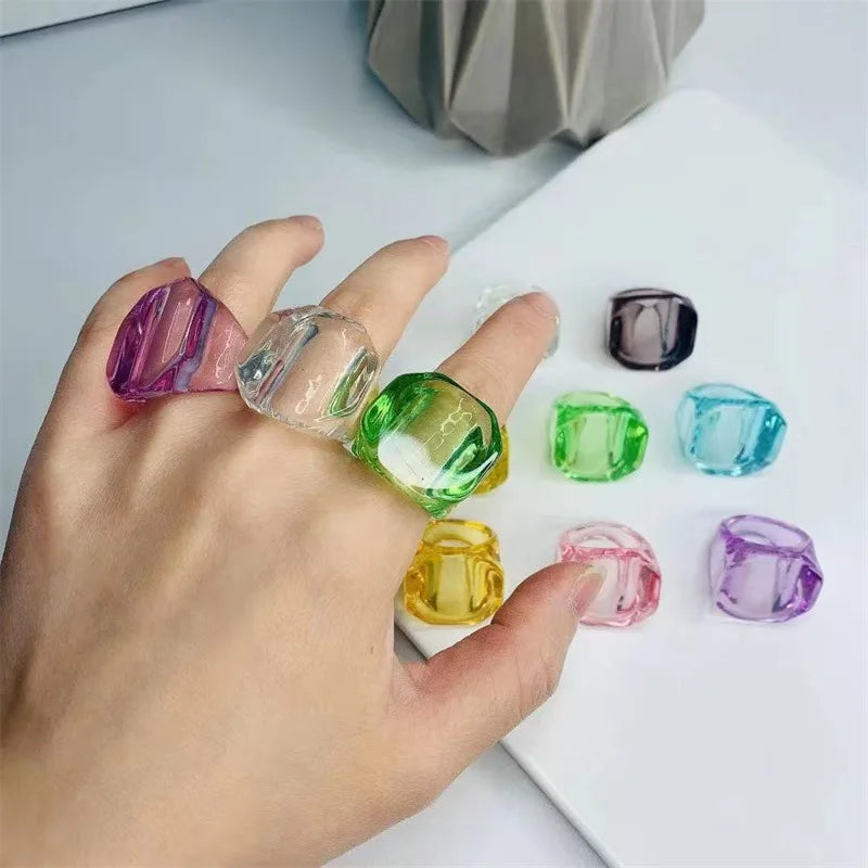 Ins Creative 8 Multi Colors Bright Clear Acrylic Square Finger Rings Jelly Colorful Geometric Square Chunky Resin Rings
