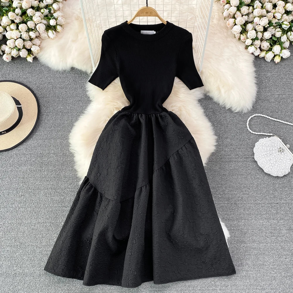 Boutique Wholesale 2026 Summer New Round Neck Knitted Stitching Slim A-line Jacquard Dress Elegant Large Swing Long Dress