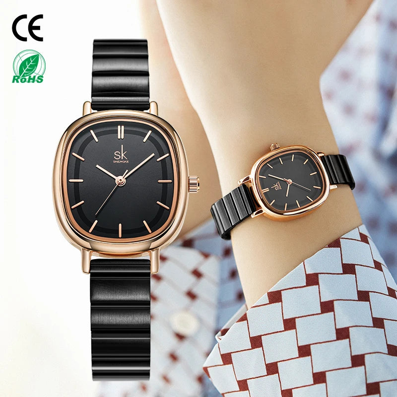 SHENGKE K0174 Top Brand Luxury Fashion Stainless Steel Band Oval Quartz Wrist Watch Women Quartz
