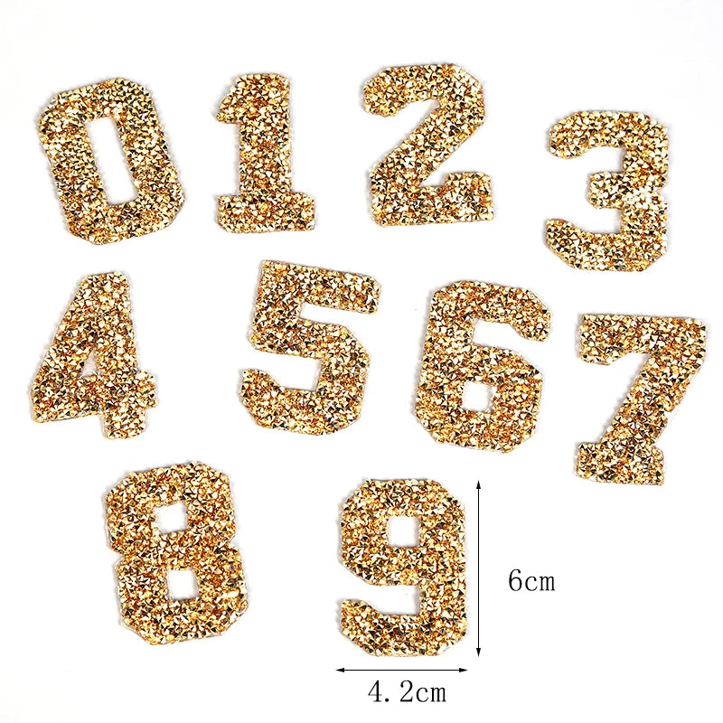Number Patches Luxury Bling Fashion Rhinestone Patches Badge Custom DIY Cloth Accessories Gold Soccer Iron on Number Patches