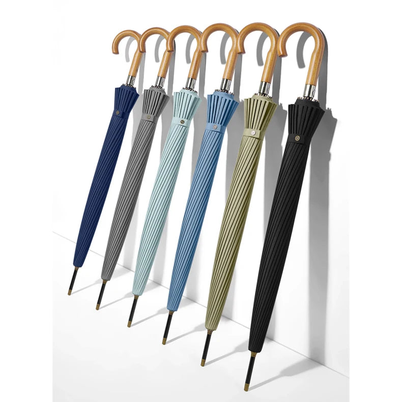 Customizable Logo Printing Auto-Open Windproof Straight Rain Umbrella with Wooden Handle High Density Pongee-Quality Umbrellas