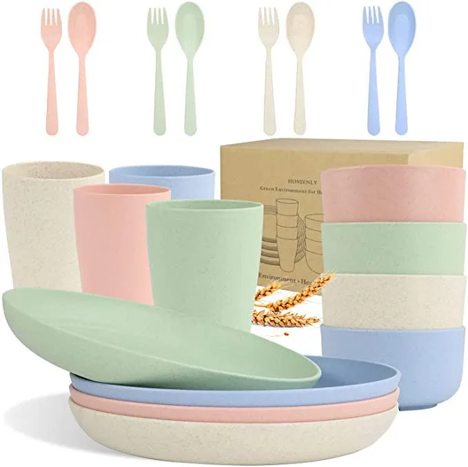 Eco-Friendly 20pcs Set Tableware Includes Bowl Cup Plate Fork Spoon Wheat Straw Dinnerware Cutlery Set