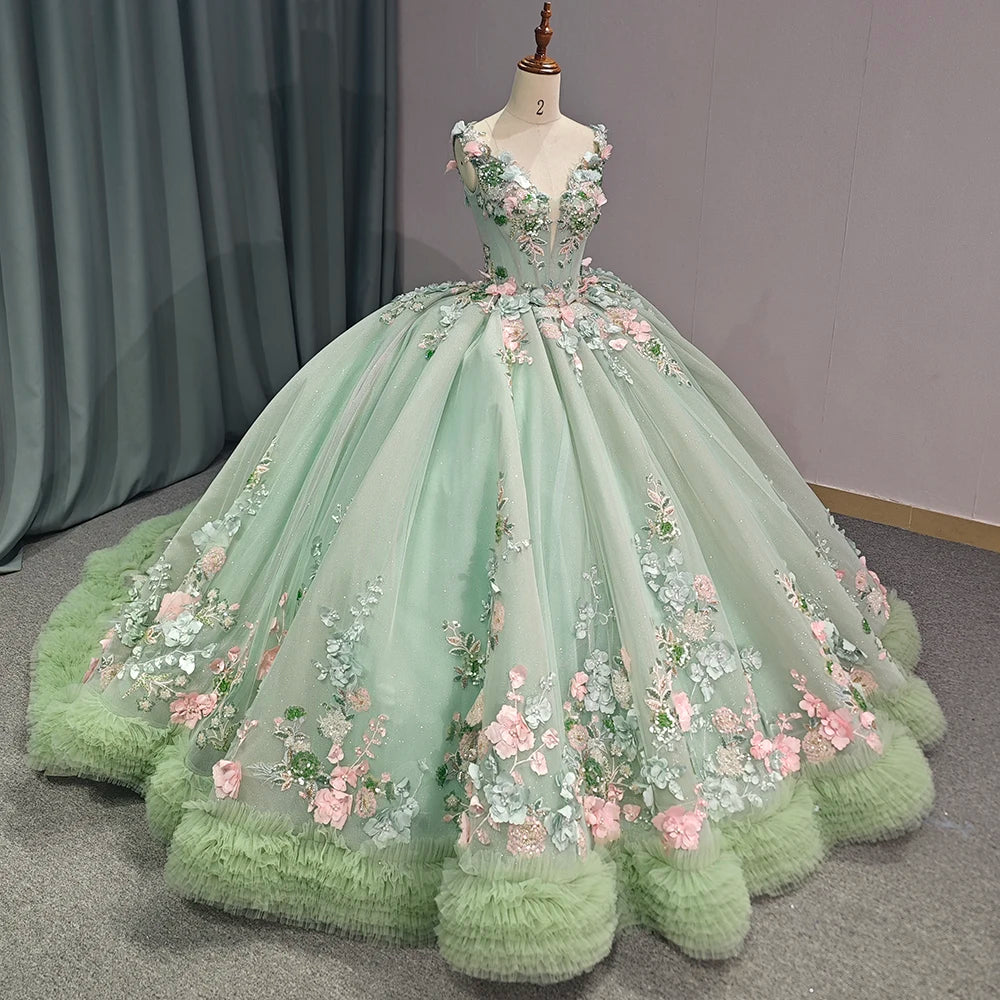 Jancember 1229 Fashion V-neck Appliqued Flower Green Quinceanera Formal Gowns Dresses