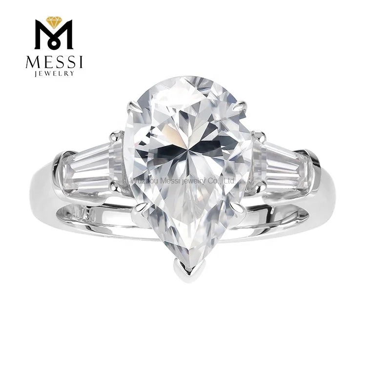MSR-249 Messi Jewelry PT950 Three Stone 5ct Pear Shape Moissanite Ring MegaBDM