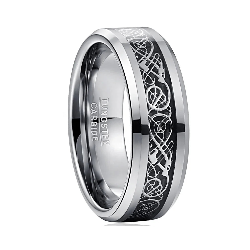 Alin Jewelry Classic Mens Celtic Dragon Pattern Tungsten Wedding Bands Black Carbon Fiber Inlay Tungsten Ring