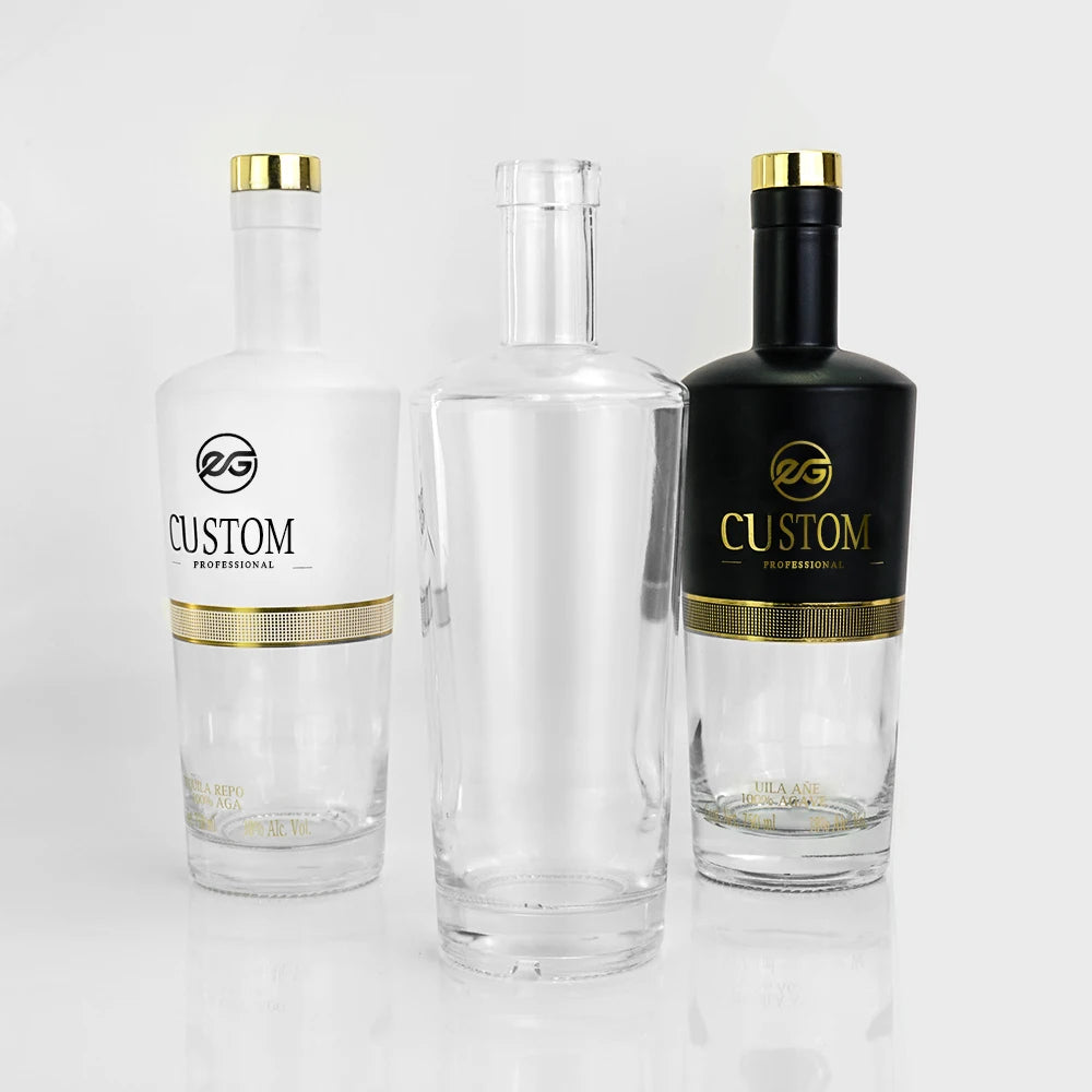 In Stock 750ml Hot Sale Glass Whiskey Bottle with Printing Hot Stamping with Electroplating Cap
