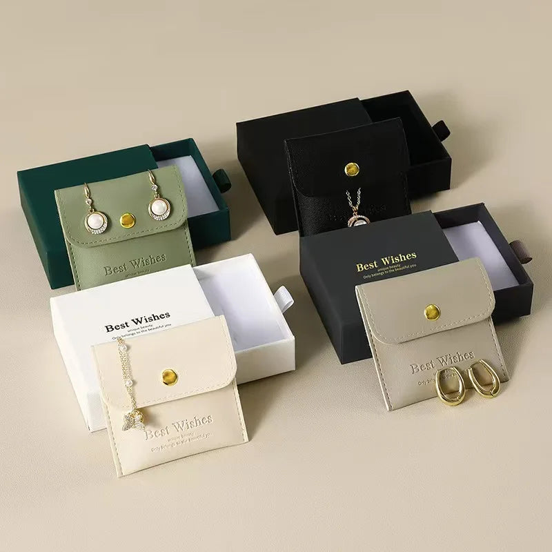 Luxury PU Leather Custom Logo Square Envelope Jewelry Pouch with Gold Button Earrings Bracelet Dustproof Bag