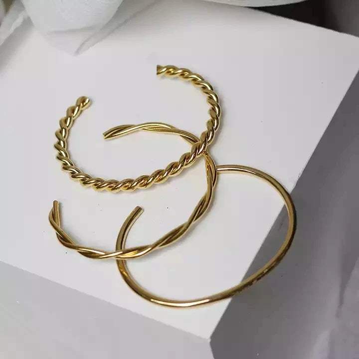 SC Wholesale Women 18k Gold Plated Opening Bracelet Stackable Twisted Cable Wire Bracelet Stainless Steel Cuff Bangle Bracelet