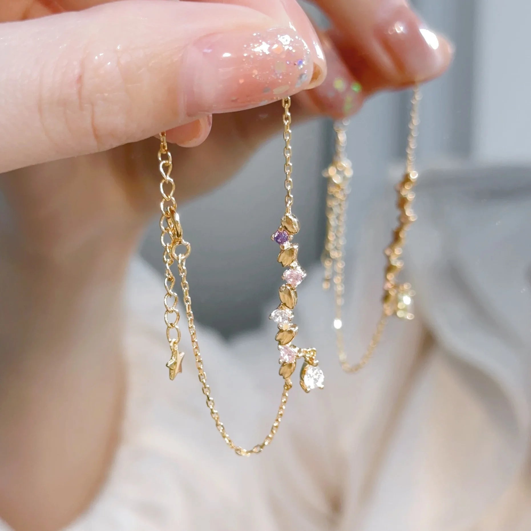 Korea Fashion Trendy Pure 925 Sterling Silver Sweet Pink Purple Zircon Bracelets for Women Girls Jewelry