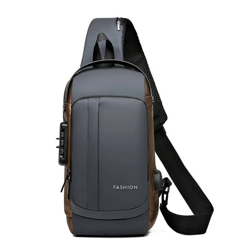 Men's Korean Vintage Style Chest Bag Waterproof PU Oxford Cloth Crossbody Backpack Casual Oblique Design with Fashionable Style