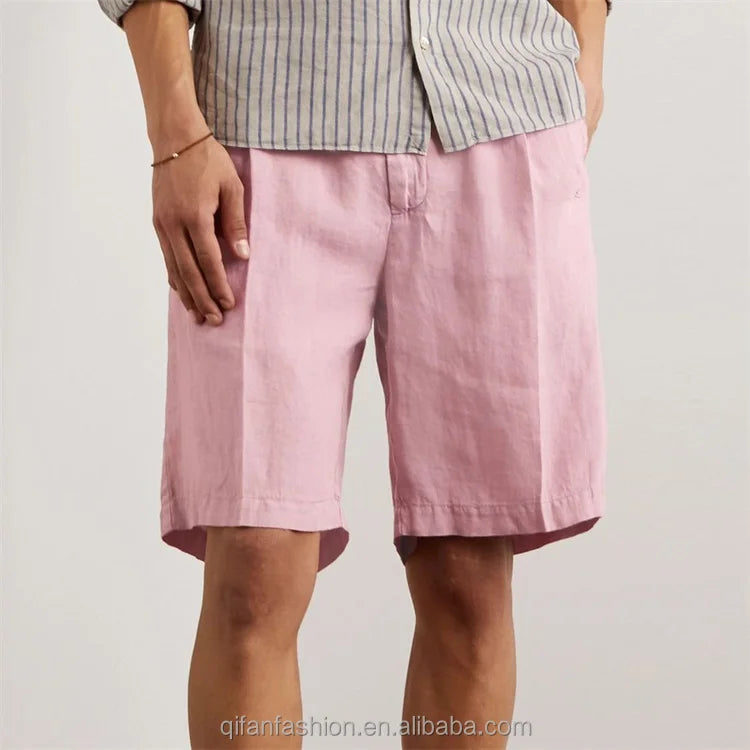 Custom Straight Leg Breathable Pleated Drawstring Bermuda Linen Shorts for Men