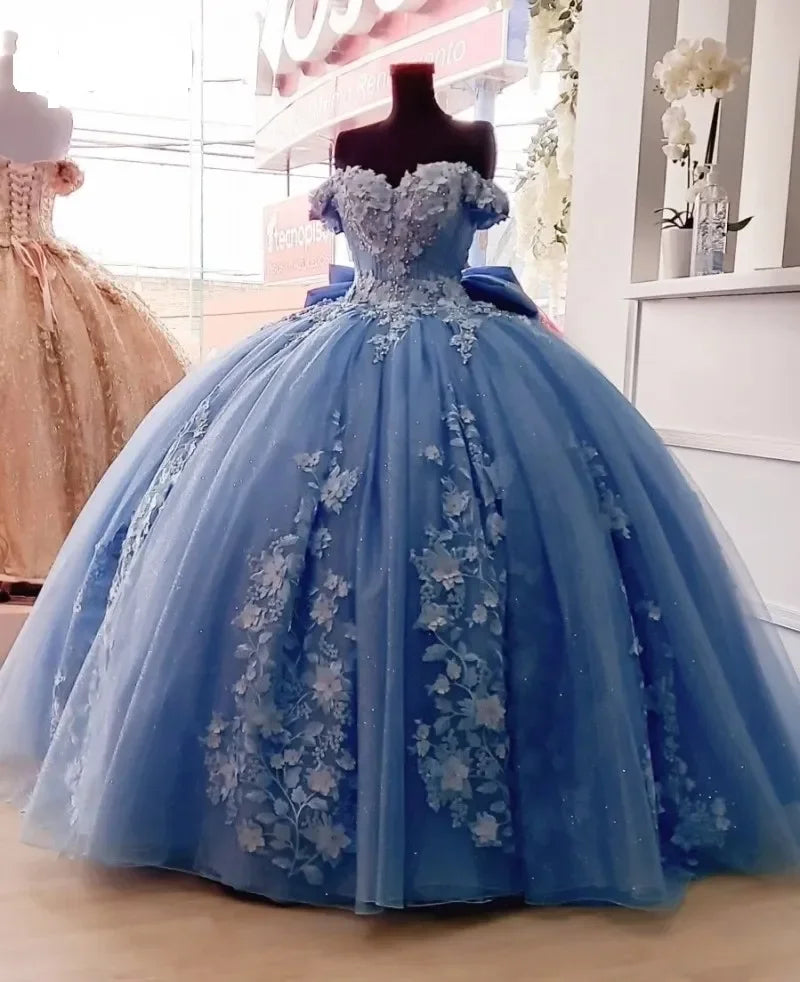 Dusty Blue Pearls Beaded Formal Floral Lace Off the Shoulder Ball Gown Evening Prom 15 Girls Quinceanera Dresses MQ637