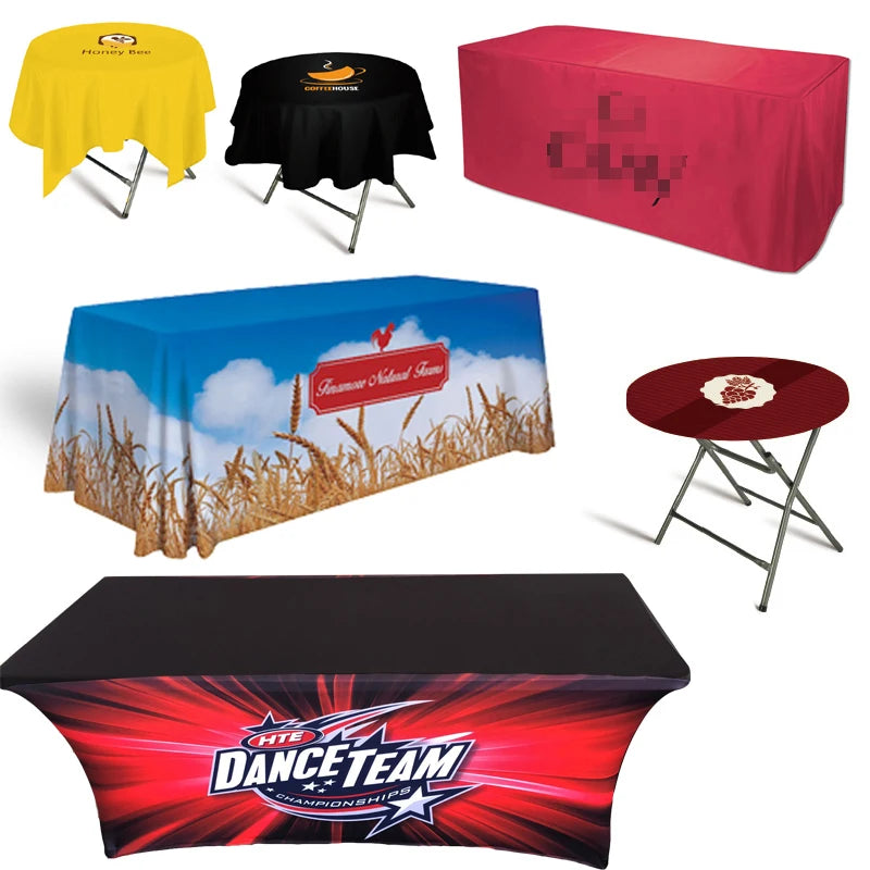 Stretch Spandex Tension Table Cloth Elastic Table Throw Custom Trade Show Full Color Dye Sublimation Printing logo