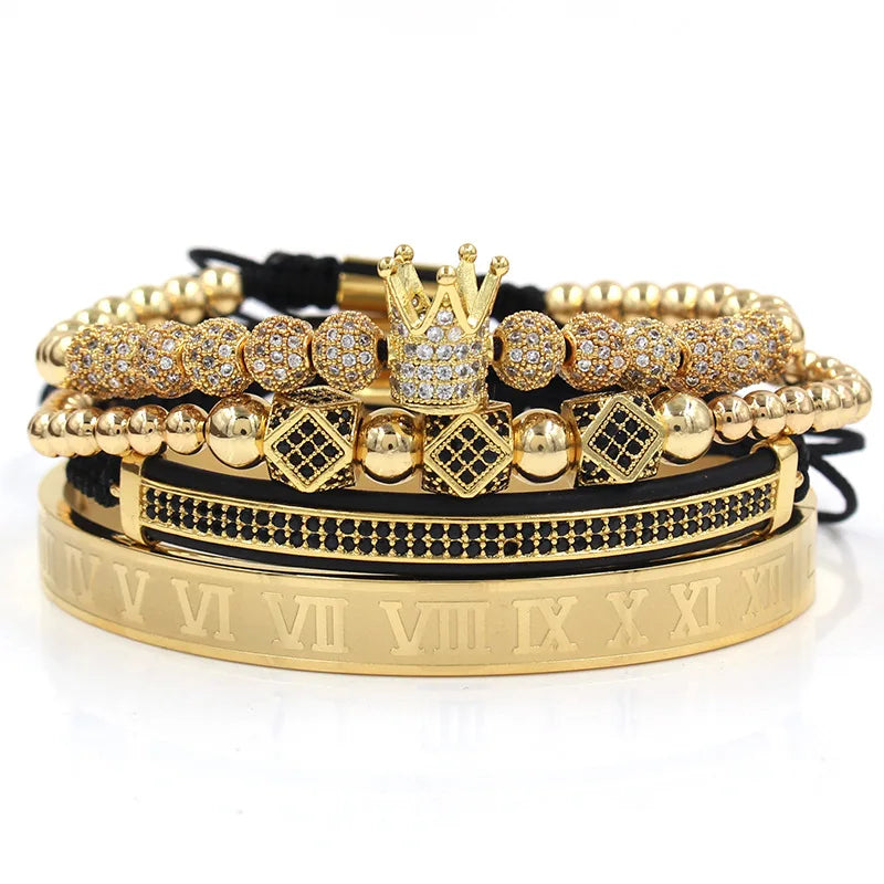 Punk 18K Real Gold Silver Plated Charm Royal Crown Woman Man Stainless Steel Roman Numeral Cuff Bangle Bracelet Set Jewelry