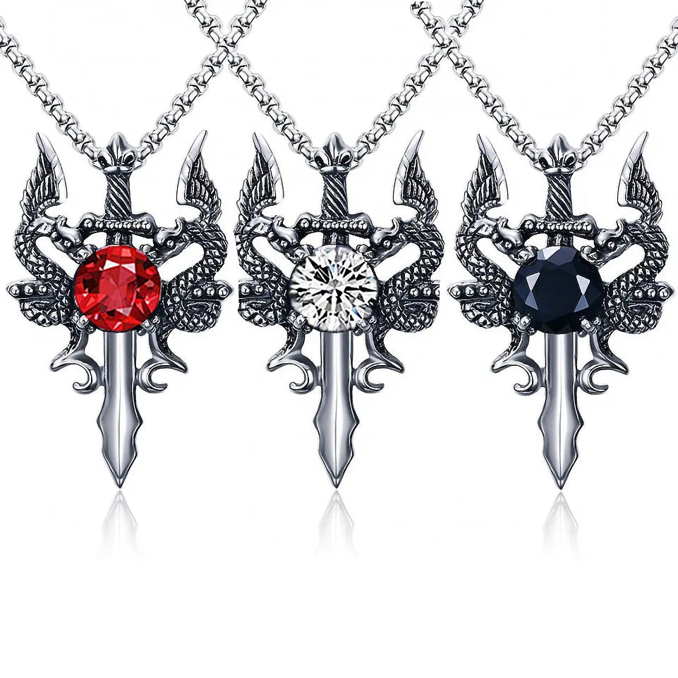 Wholesale New Personalized Double Dragon Ruby Cross Necklace for Men and Women Trendy Stainless Steel Link Chain