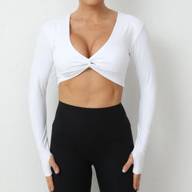 Factory Directly Supply Yoga Crop Top Sexy Long Sleeve Cross Twist Front Workout Athletic Gym Sports Running Fitness Wear