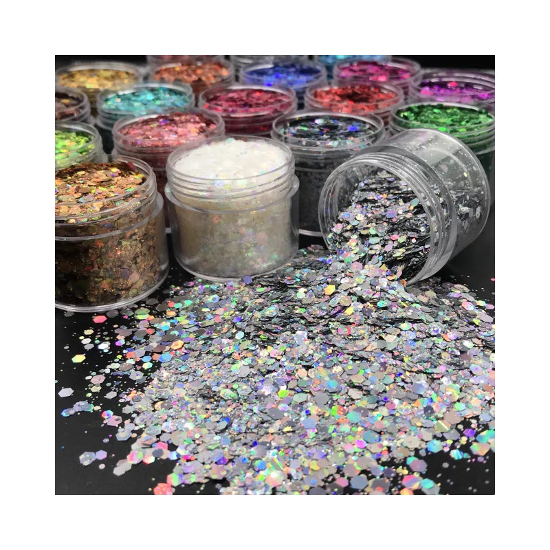 Wholesale 24 Colors Bright Colorful Polyester Hexagon Holographic Mix Chunky Body Glitter Flakes Powder
