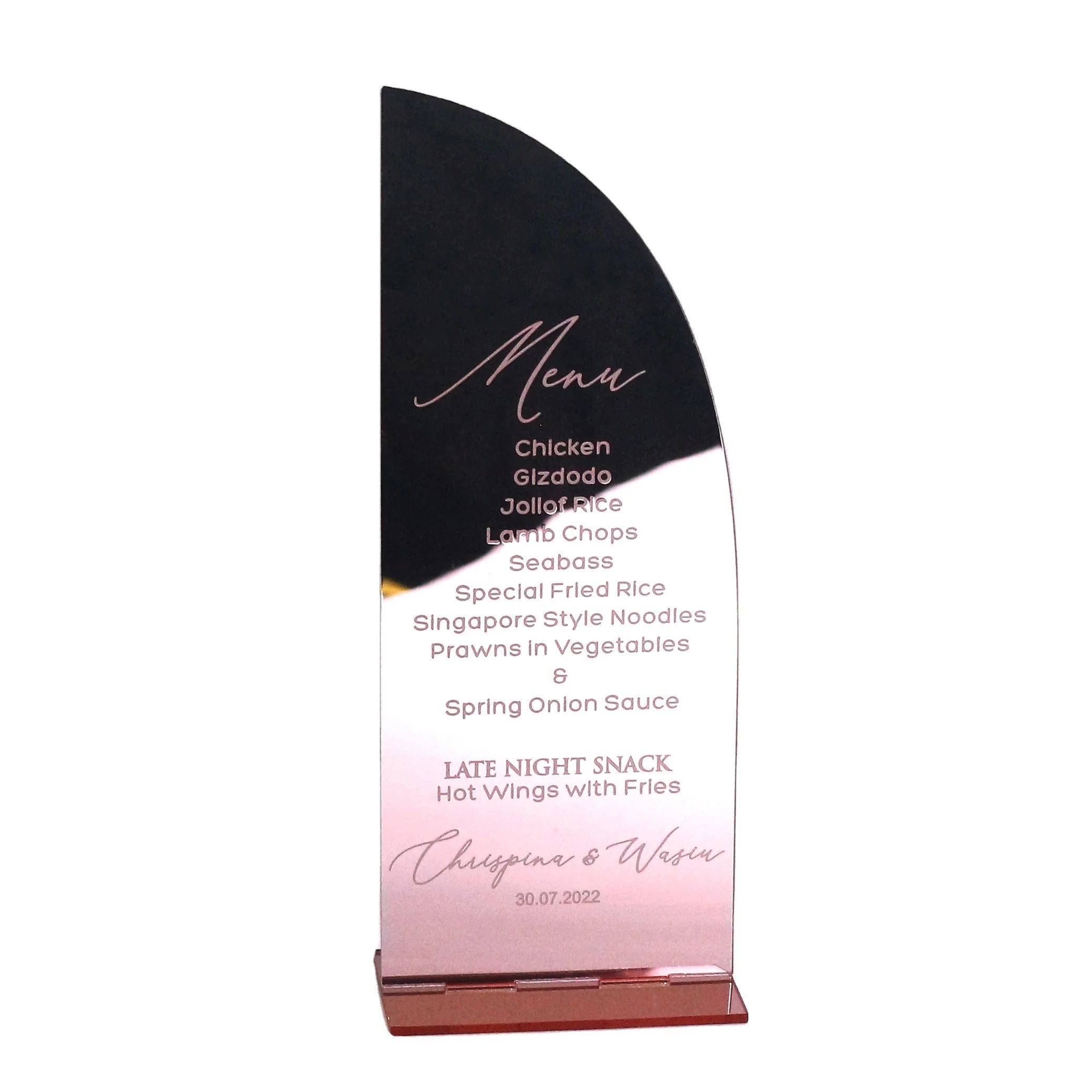 Delicate Customized Sailboat Design Rose Gold Mirror Acrylic Stand Menu Card Engraved Text With Holder for Wedding Decoration
