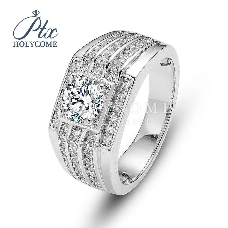 Holycome Hot Sale 1ct Round Brilliant Cut Hip Hop Sterling Silver 925 Moissanite Ring Men with Certificat