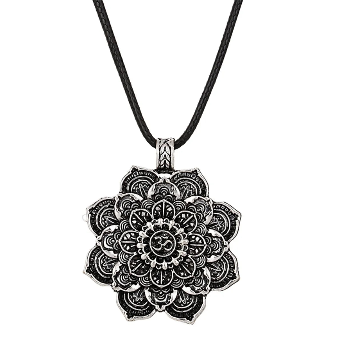 Om Lotus Flower Mandala Medallion Pendant Necklace Tibetan Buddhist Meditation Silver Buddha Tibetan Yoga