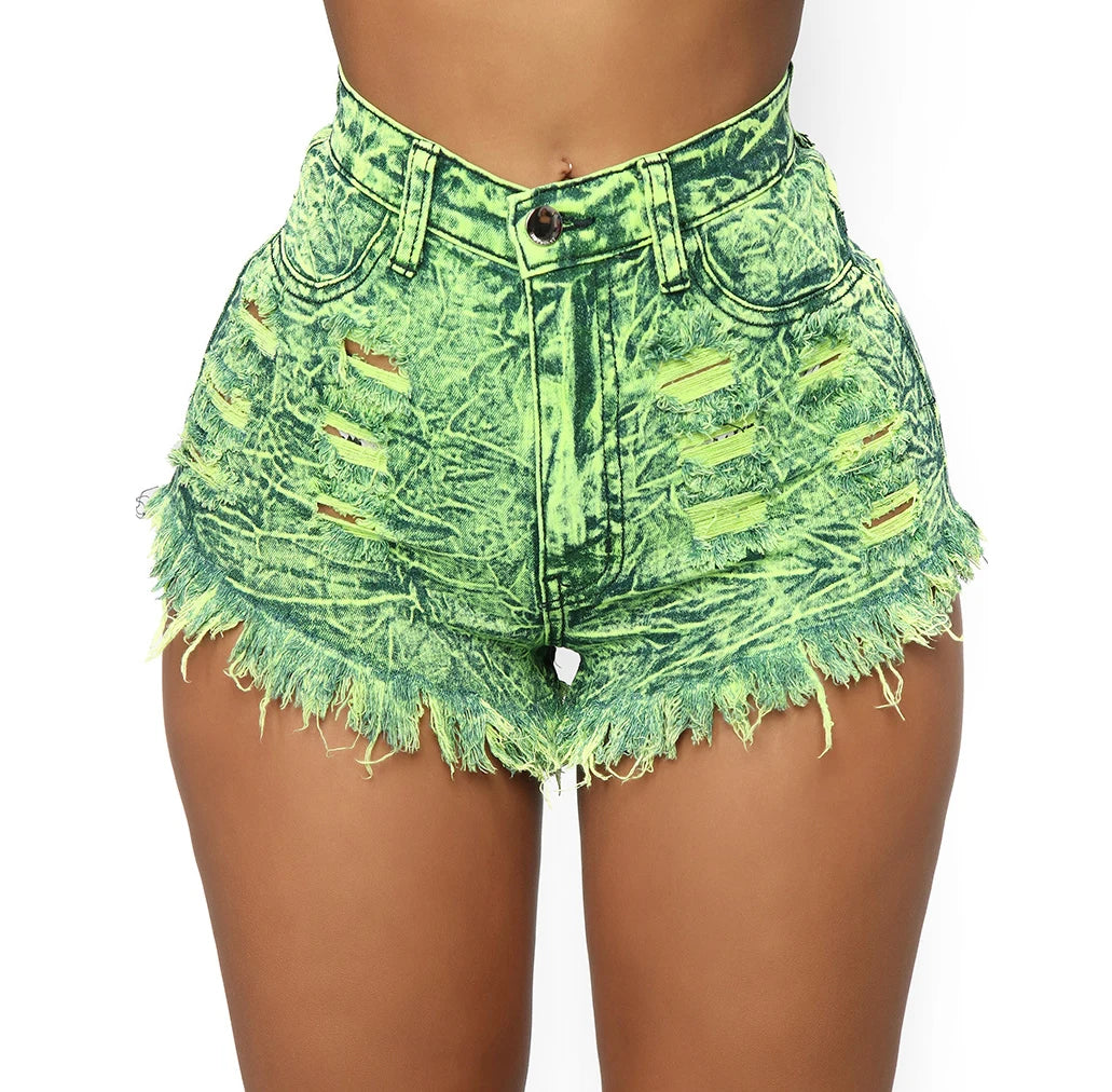 Calvera Girls Mini Shorts Contrast Color Women's High Waist Ripped Rough Hem Denim Jeans Shorts