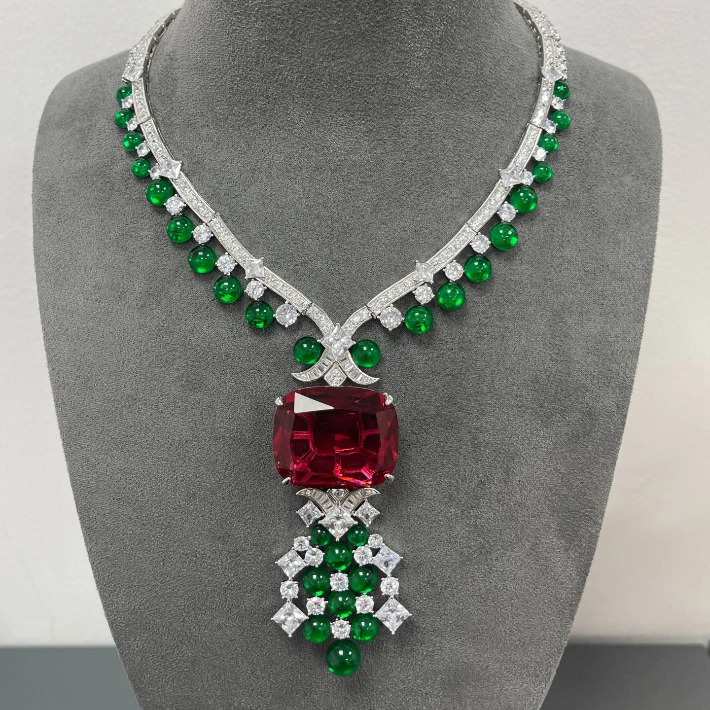 Luxury 925 Sterling Silver Special Design Big Ruby Pendant Green Stone Tennis Chocker Necklace Wedding Jewelry