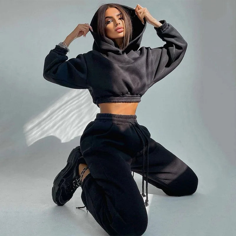 PASUXI Custom Two Pieces Sets for Women Short Hoodies Casual Solid Color Drawstring Sports Jogger Pants Suit
