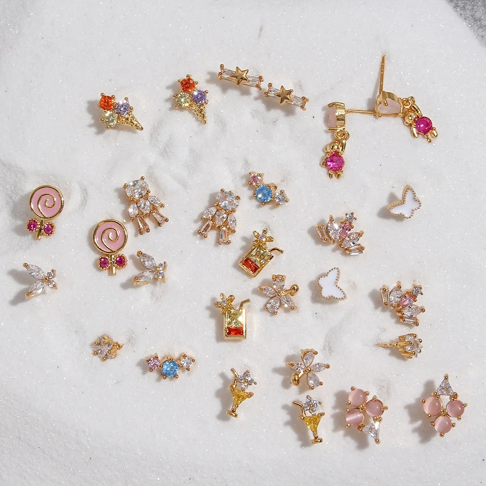Dainty Butterfly Ice Cream Flower Colorful 18K Gold Hypoallergenic Cute Enamel Crystal Stud Earrings Set