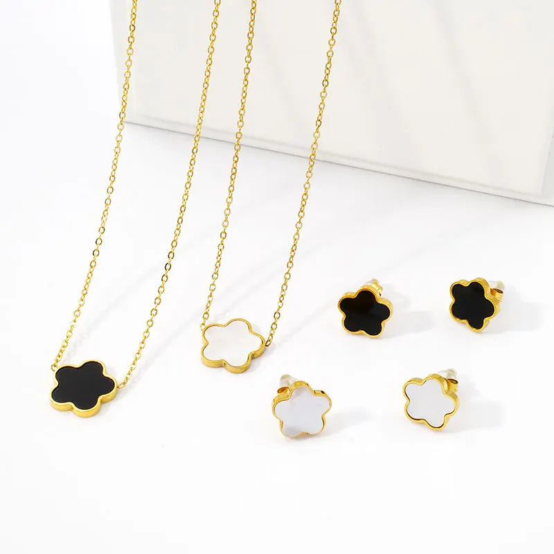 Wholesale Waterproof Stainless Steel Jewelry Set 18k Gold Plated Five Leaf Clover Flower Necklace Earring Chokers Sets for Gift