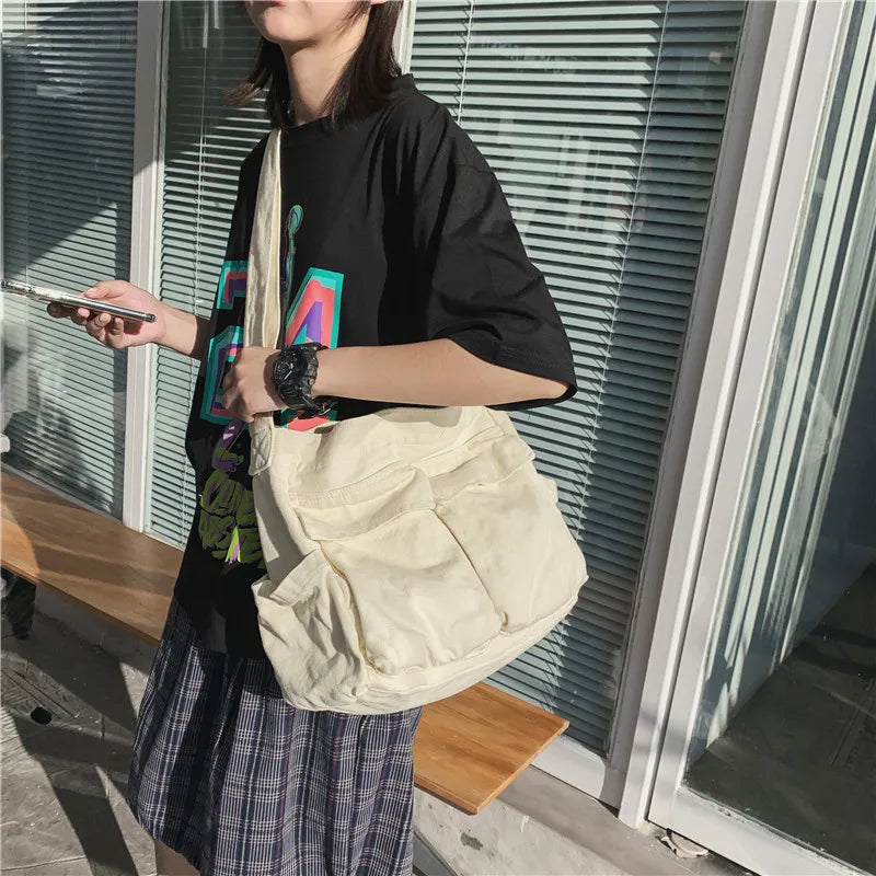 Custom Logo Large Capacity Canvas Shoulder Bags Solid Soft Denim Leisure Summer Student Messenger Bag Travel Bag for Women