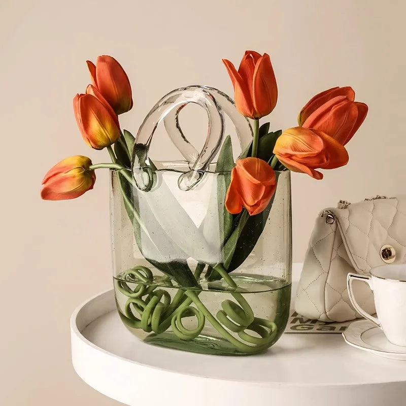 Uniquely Designed Custom Nordic Style Art Deco Bubble Handbag Purse Bag Wide-Mouth Glass Vase for Home Decorative Purpose