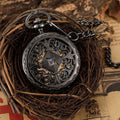Retro Black Hollow Mechanical Self-Winding Pocket Watch with Chain Roman Numeral Skeleton Dial Locket Watch for Luxury Gift