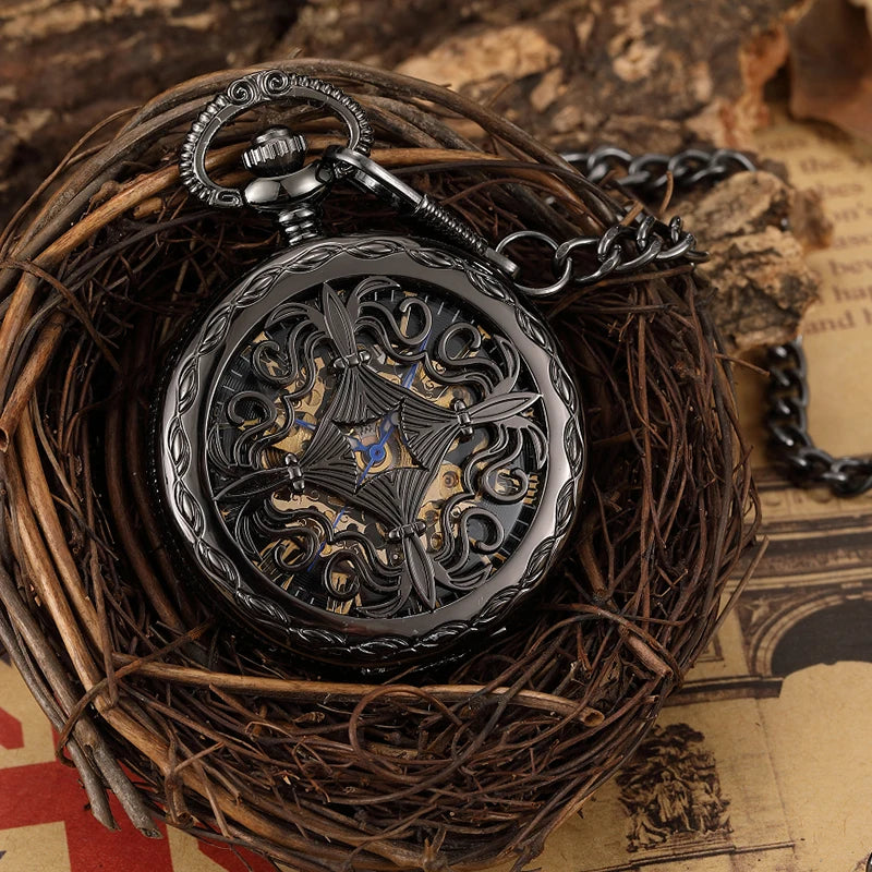 Retro Black Hollow Mechanical Self-Winding Pocket Watch with Chain Roman Numeral Skeleton Dial Locket Watch for Luxury Gift