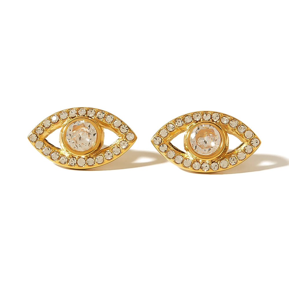 Luxury Design SS 18K Gold Plated Evil Eyes Diamond CZ Women Stud Earrings Waterproof Jewelry