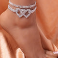 Full Diamond Fashion Double Heart Summer Beach Heart-shaped Multi-layer Anklet