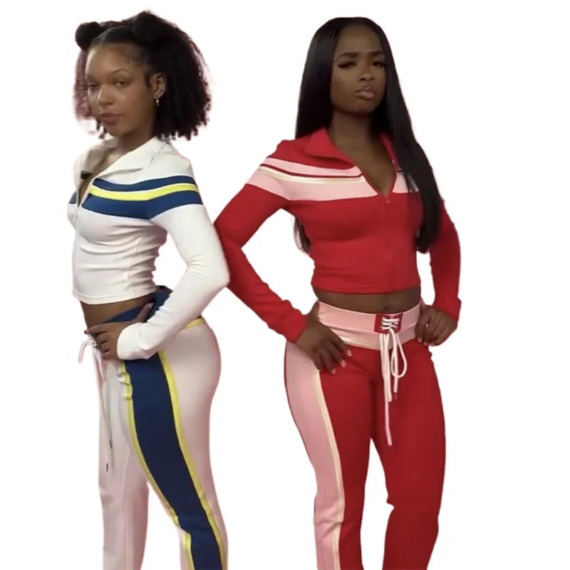 KY Custom New Design Long Sleeve Cropped Zipup Jacket Flare Pants Stripe Jet Set Branded Track Suit