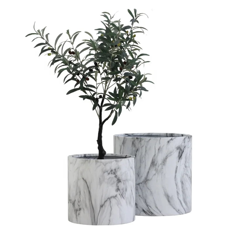 Large Marble Effect Concrete Fiber Glass Plant Pot with Tray round Cylinder Shape for Home & Garden Decoration
