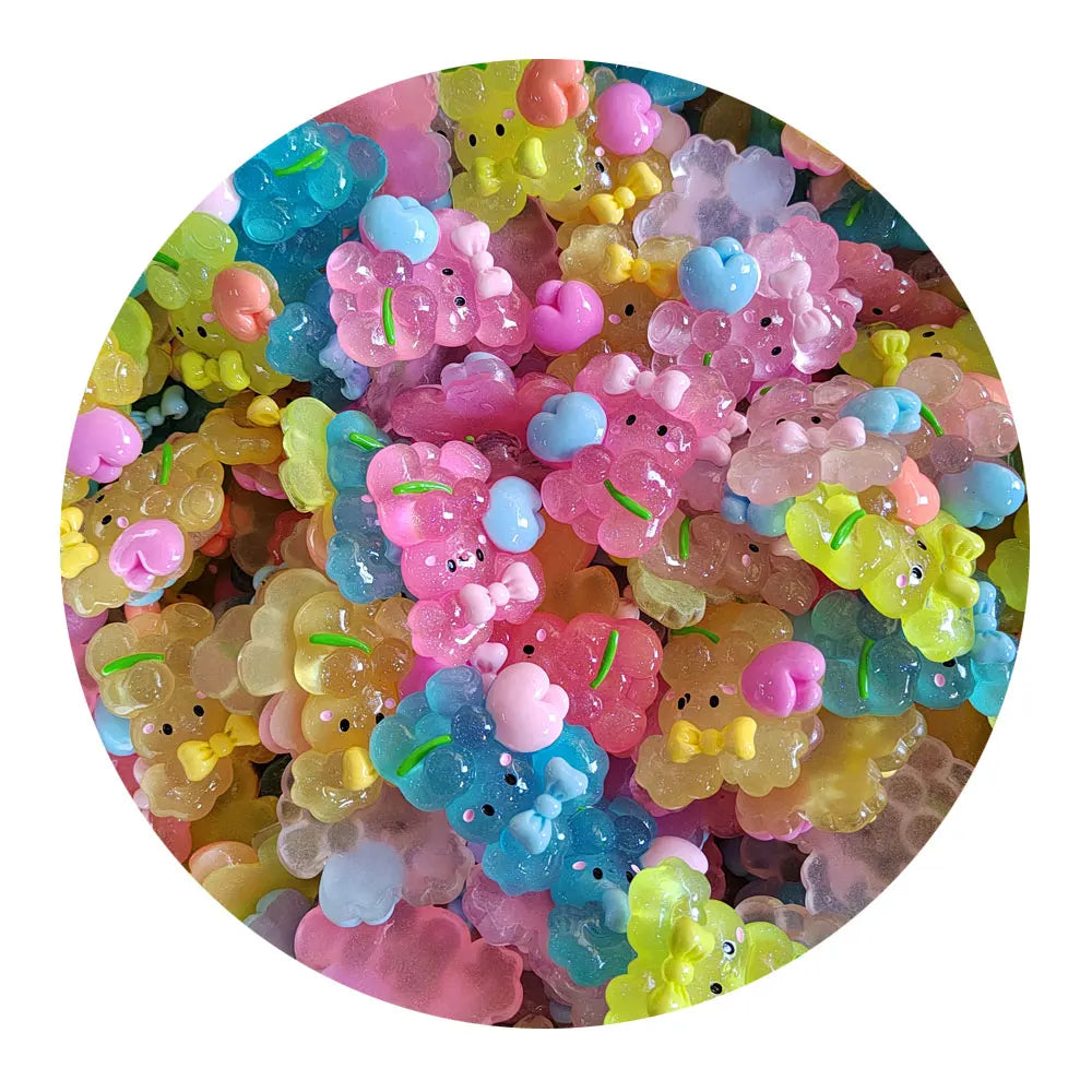 Luminous Cartoon Bowknot Rabbit With Flowers Flat Back Resin Cabochons Embellishments for Headwear Scrapbook Phone Case Decor
