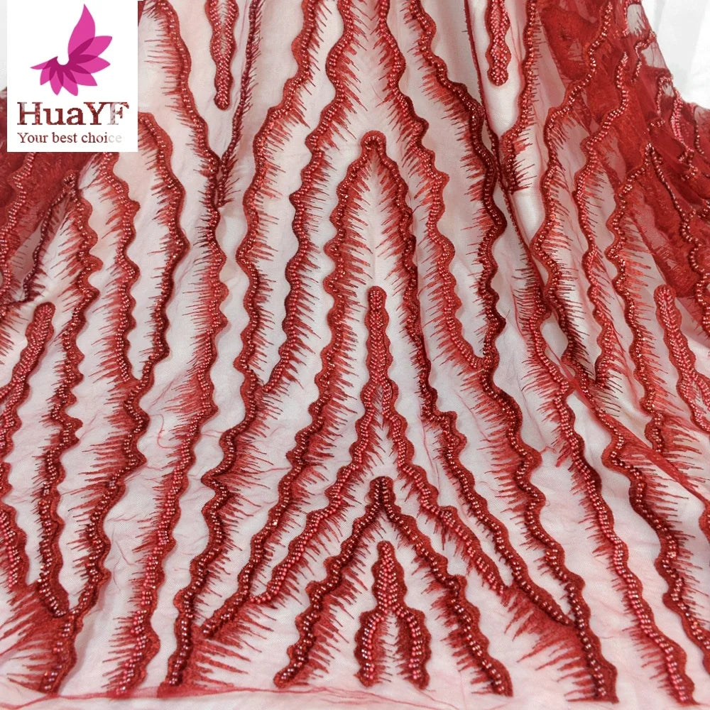 Hot Red Color Heavy Handwork Beaded Lace Fabric With Sequins and Pearls for New Collection  HY1363-4