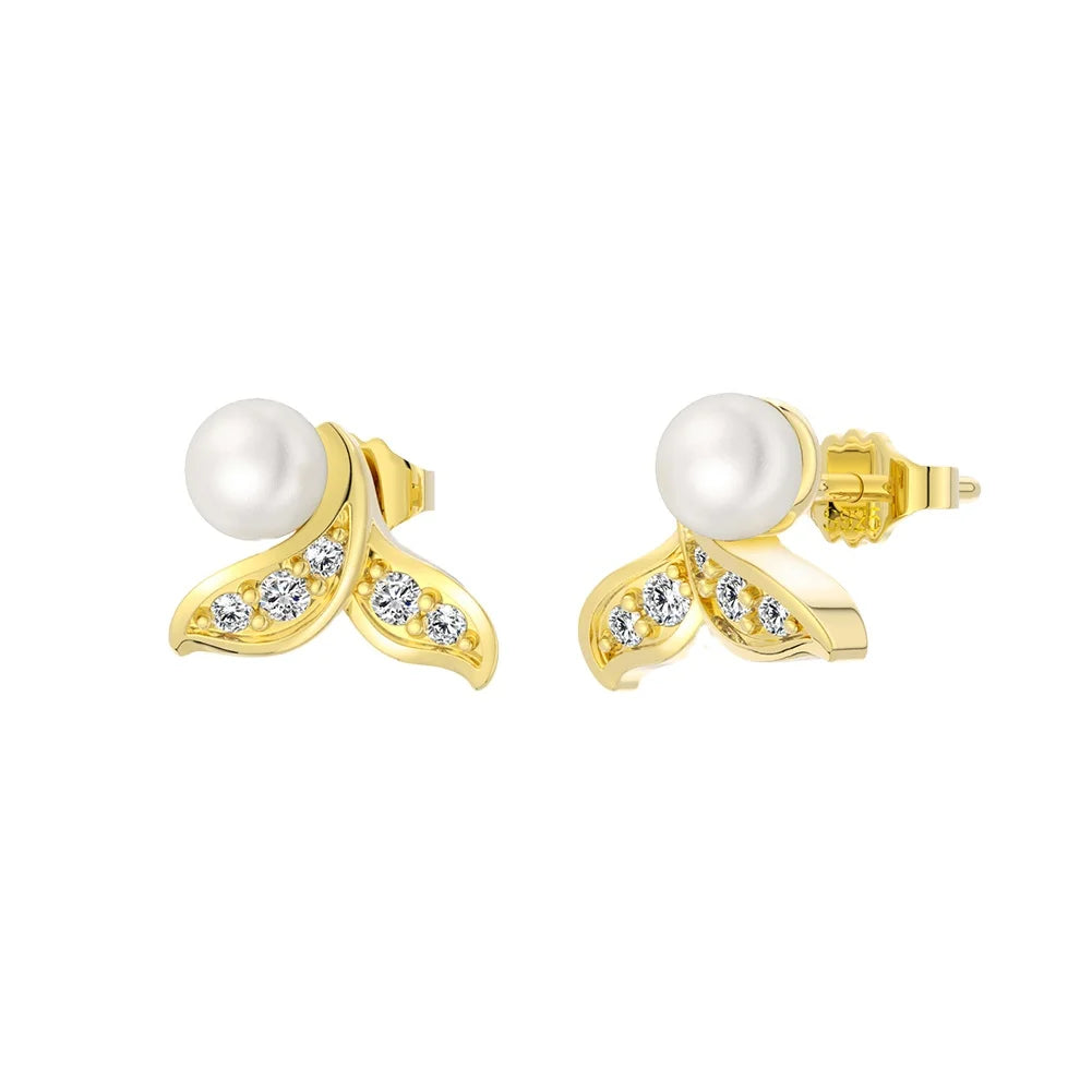 Fashion 925 Sterling Silver Stud Earring Jewelry 18K Gold Plated Net Red Fish Tail Pearl Sterling Silver Stud Earrings for Women