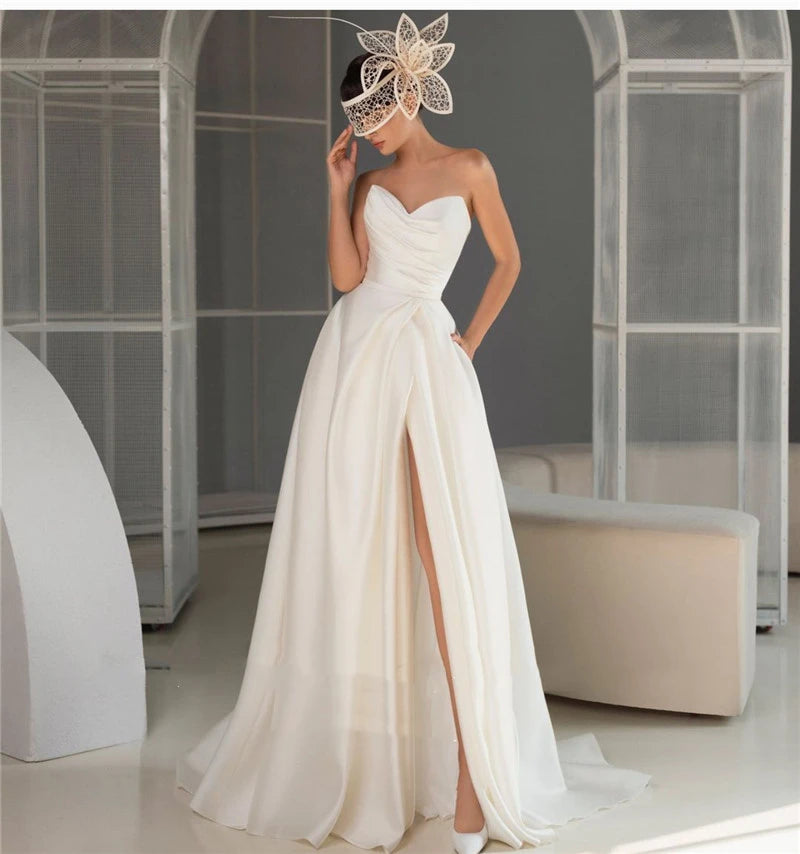 13425#Sweetheart Princess Elegant Beach Backless Sleeveless A-Line Shiny Satin Sexy Strapless Simple Wedding Dress Bridal Gown
