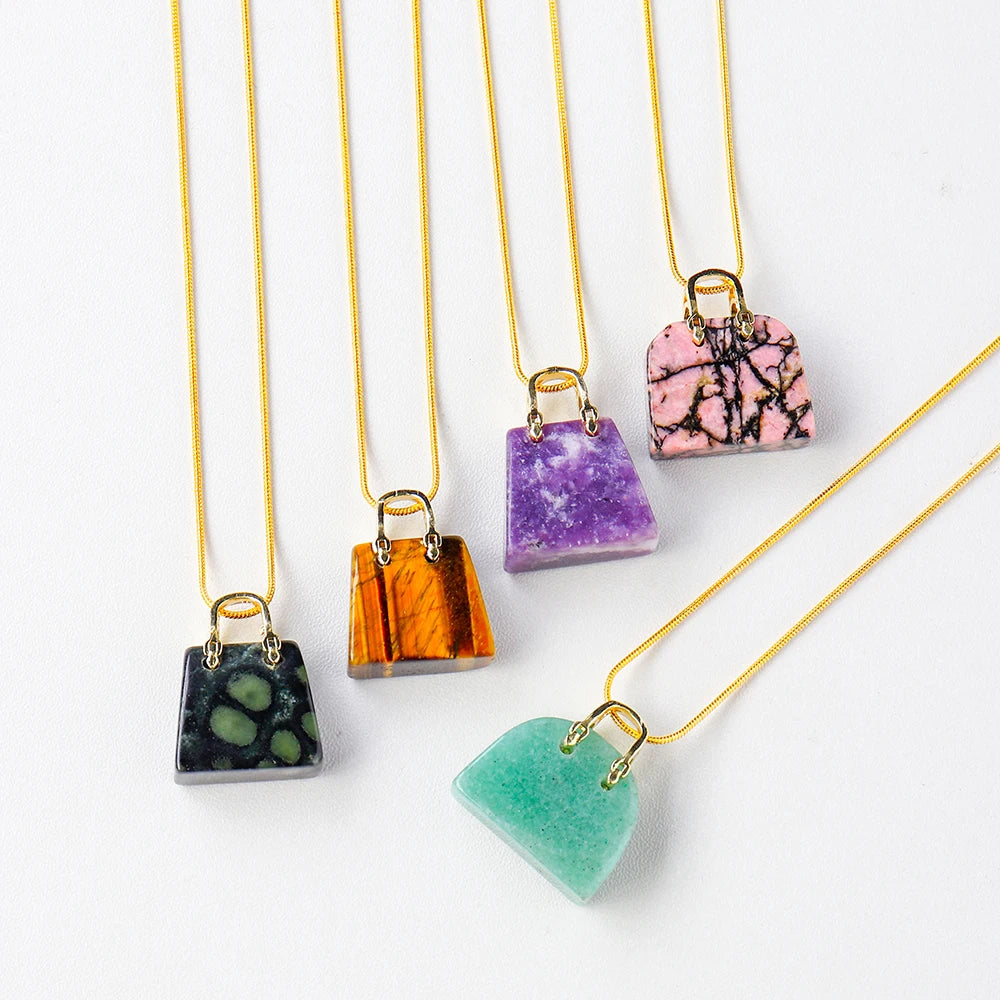Natural Stone Carved Healing Stone Mini Handbag Crystal Pendant for Women Necklace Jewelry