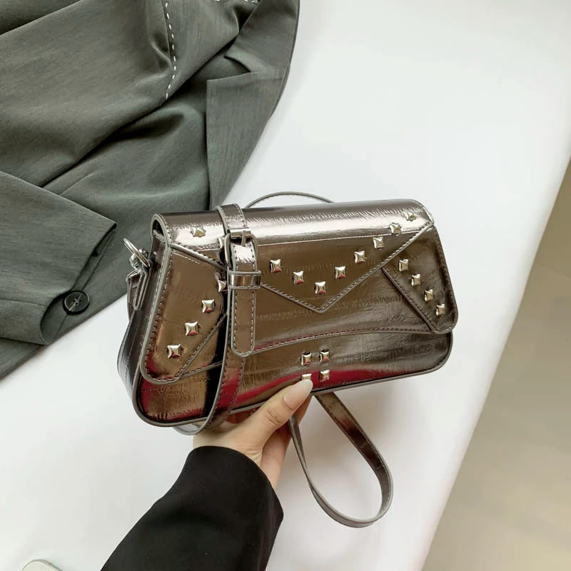 New Designer Studded Purses and Handbags Female 2025 Laser Women Shoulder Purse Trendy PU Leather Crossbody Bag