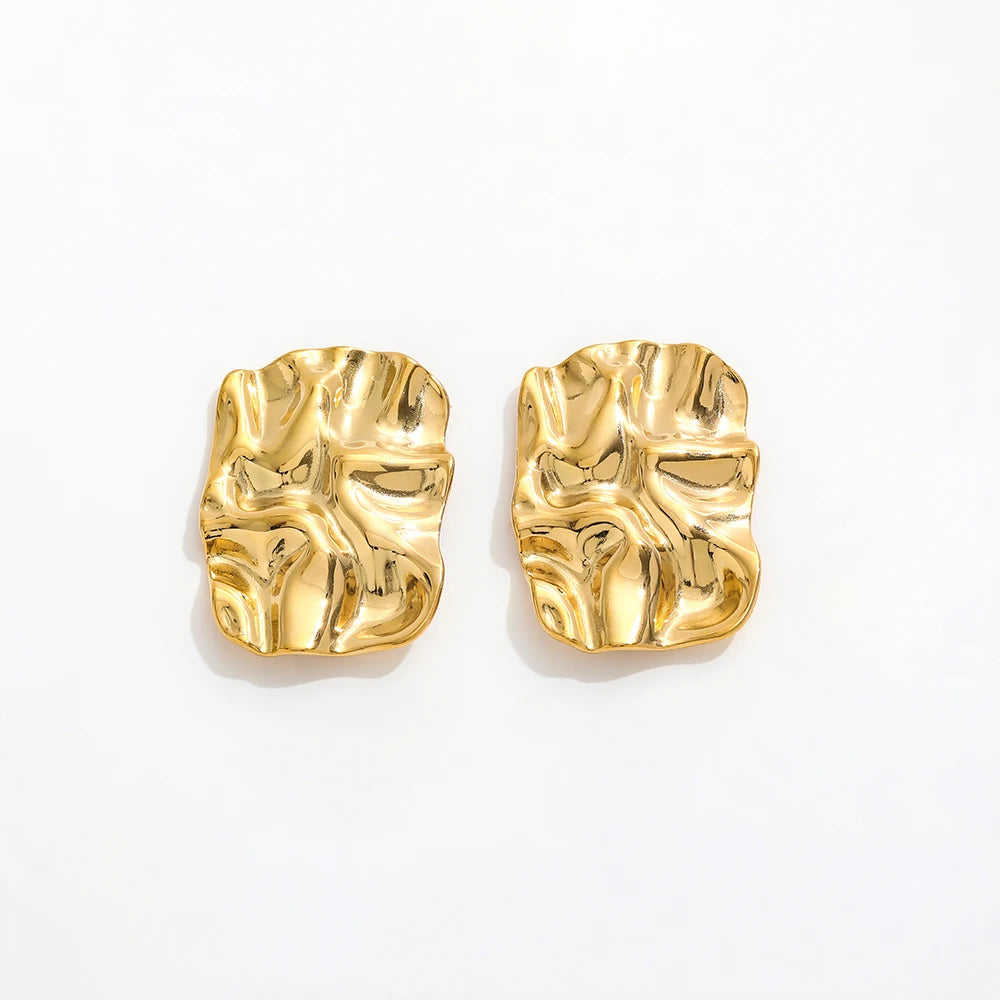 JOOLIM High End 18K Gold Silver Plated Big Rectangle Irregular Hammered Stainless Steel Stud Earrings for Women Fashion Jewelry