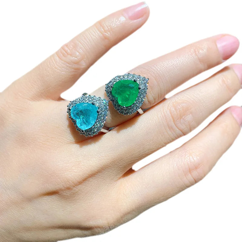 Adjustable Sparkling Cubic Zirconia Emerald Heart RingsSynthetic Blue Paraiba Tourmaline Heart Shape Wedding Band  Ring Women