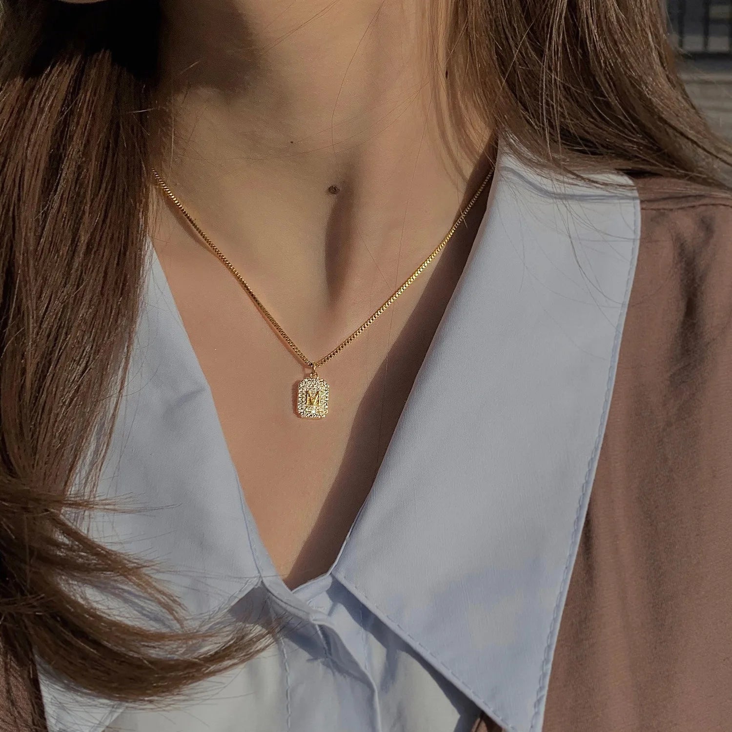 Stainless Steel Box Chain Dog Pendant Necklace Letter M Gold Plated Stainless Steel Zircon Initial Necklace