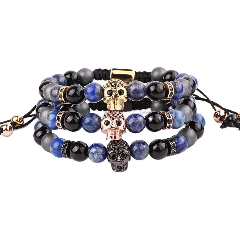 Blue Gemstone CZ Skull Charm Handmade Custom Macrame Friendship Beads Bracelet Male