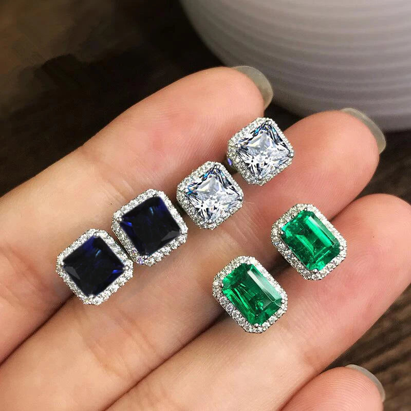 CAOSHI Luxury Geometry Square Green Blue White Zircon Ladies Bridal Earrings for CZ Emerald Sapphire Stud Earring for Women